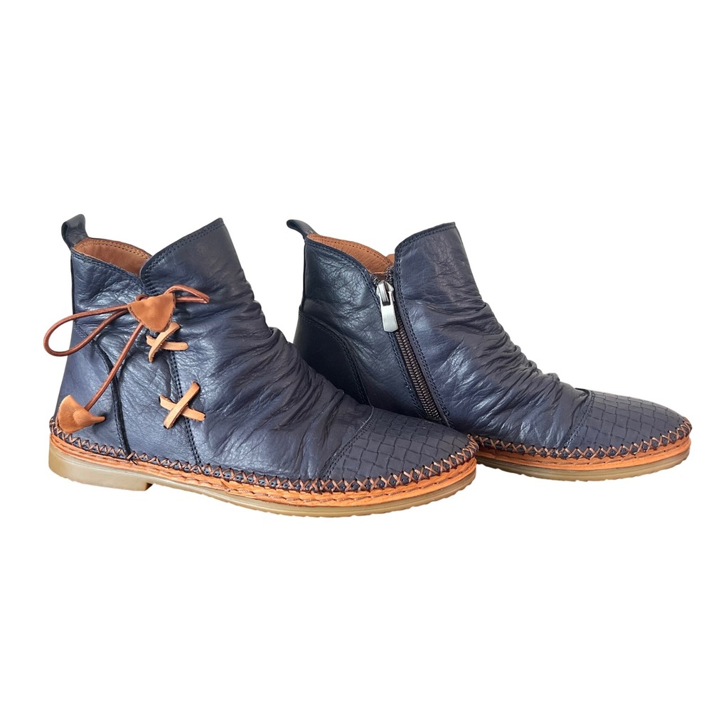 Spring Step Pomeroy Navy Leather Woven Ankle Boots Womens 36 Made in Turkey